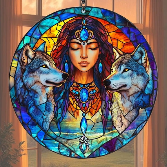 Boho Wolf Spirit Faux Stained Glass Suncatcher Acrylic Window Hanging with Mystic Woman Totem Design, Magical Gift for Nature Lovers