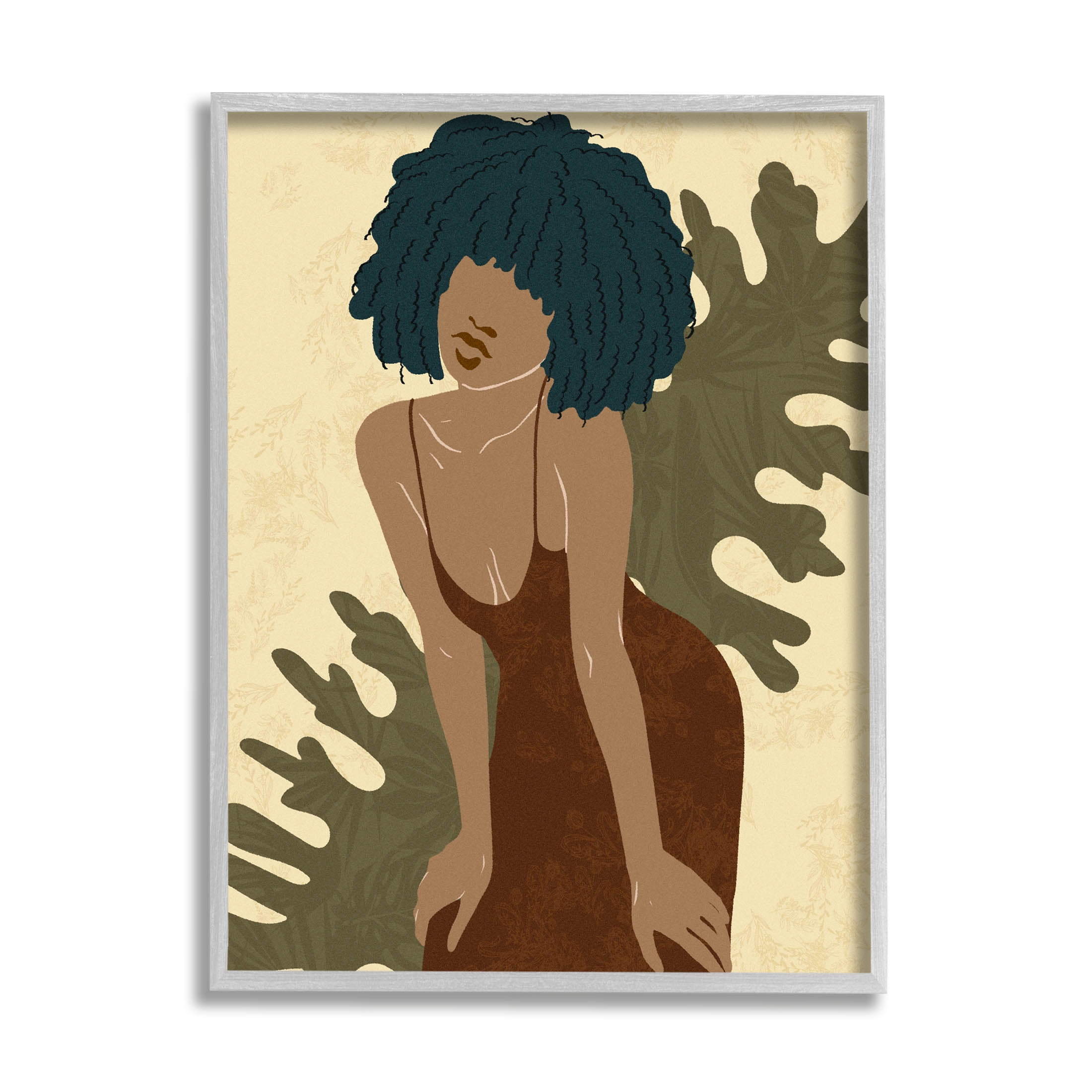 Boho Woman Botanical Leaf Botanical & Floral Graphic Art Gray Framed Art Print Wall Art