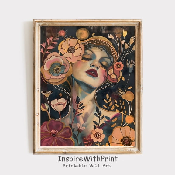Boho Woman Portrait with Flower Head Wall Art, Moody Portrait Print, Printable Boho Wall Art, Mid Century Modern Art Print, Artful Boho Art, Size 8x12 UNFFRAMED F03.1.5l1478