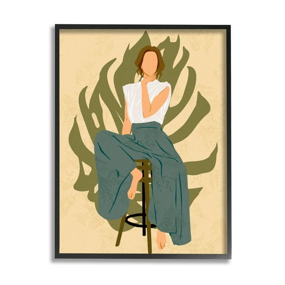 Boho Woman Sitting Plant Leaf Botanical & Floral Graphic Art Black Framed Art Print Wall Art