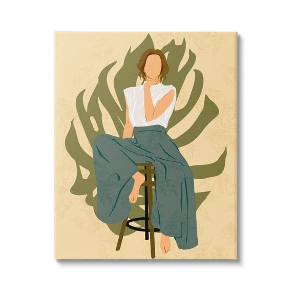 Boho Woman Sitting Plant Leaf Botanical & Floral Graphic Art Gallery Wrapped Canvas Print Wall Art