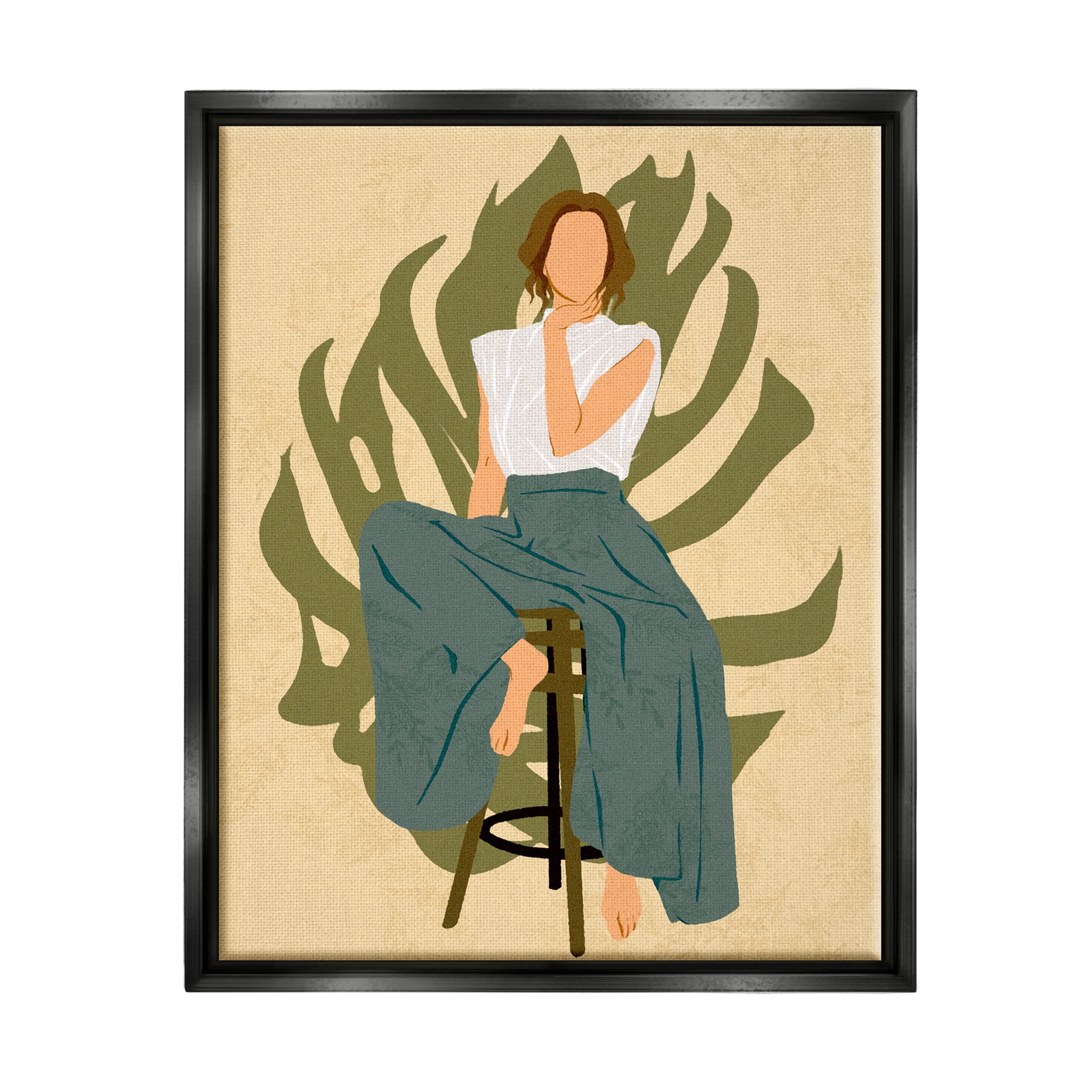 Boho Woman Sitting Plant Leaf Botanical & Floral Graphic Art Jet Black Framed Art Print Wall Art