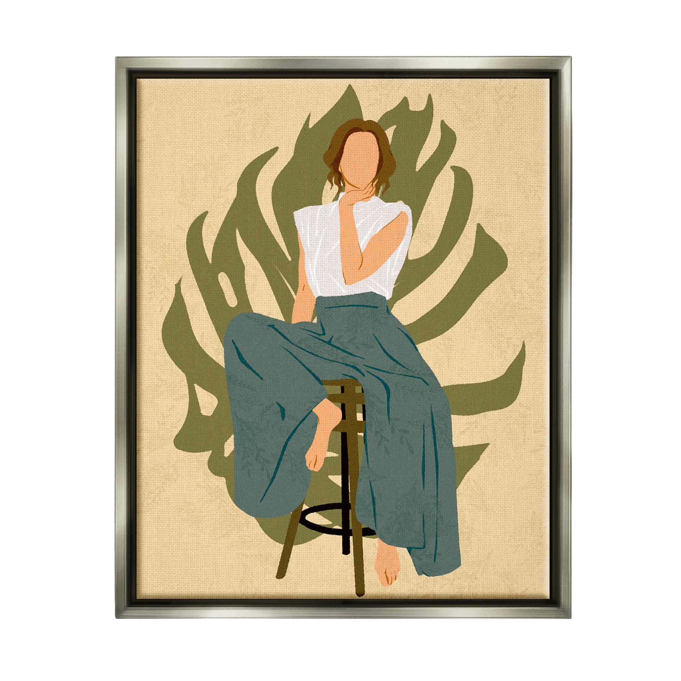 Boho Woman Sitting Plant Leaf Botanical & Floral Graphic Art Luster Gray Framed Art Print Wall Art