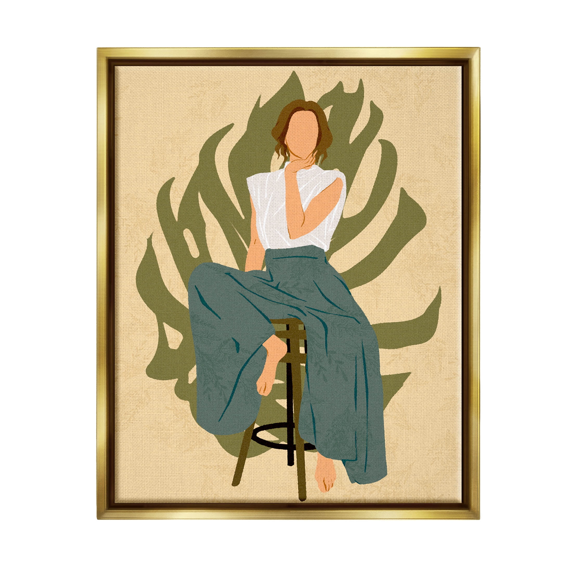 Boho Woman Sitting Plant Leaf Botanical & Floral Graphic Art Metallic Gold Framed Art Print Wall Art