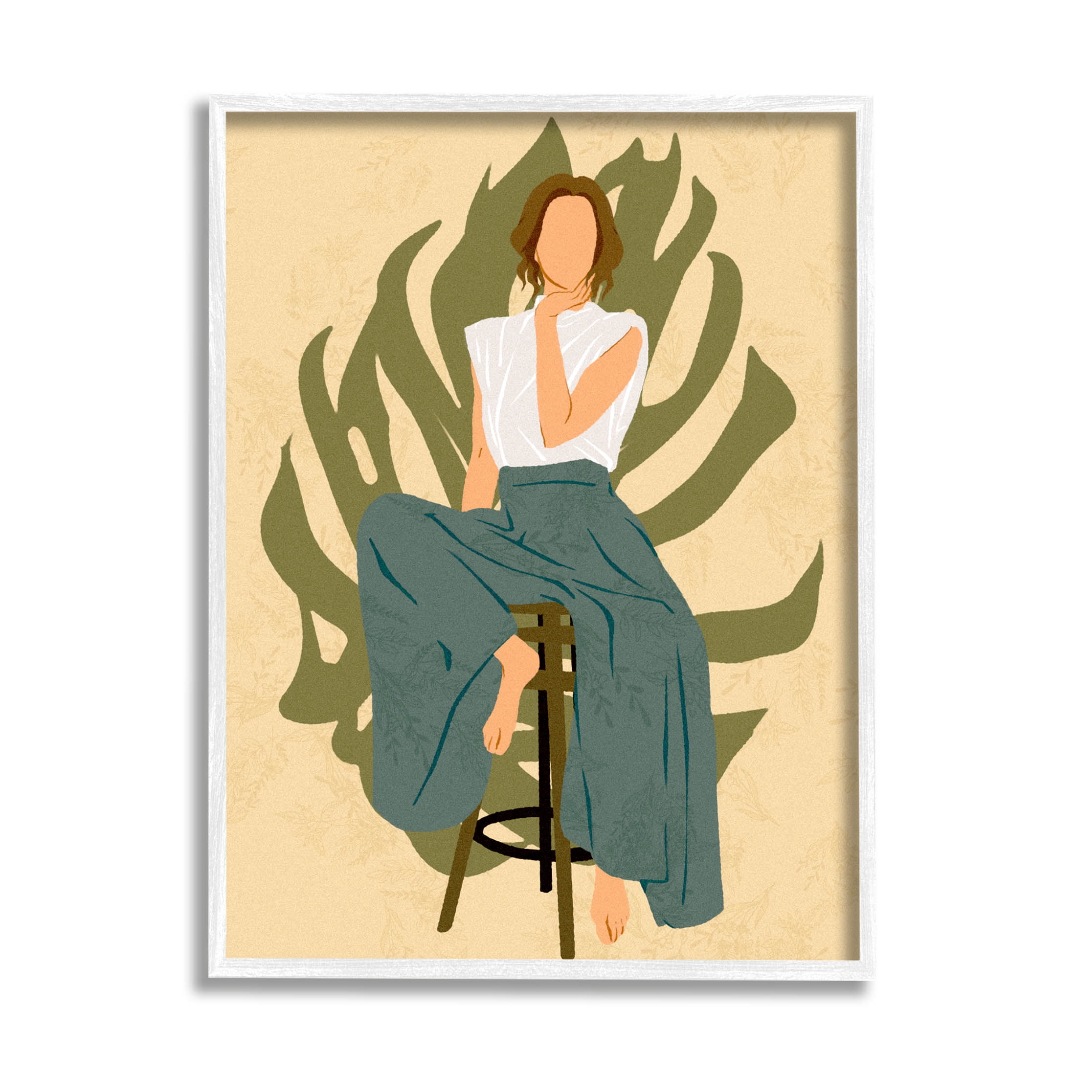 Boho Woman Sitting Plant Leaf Botanical & Floral Graphic Art White Framed Art Print Wall Art