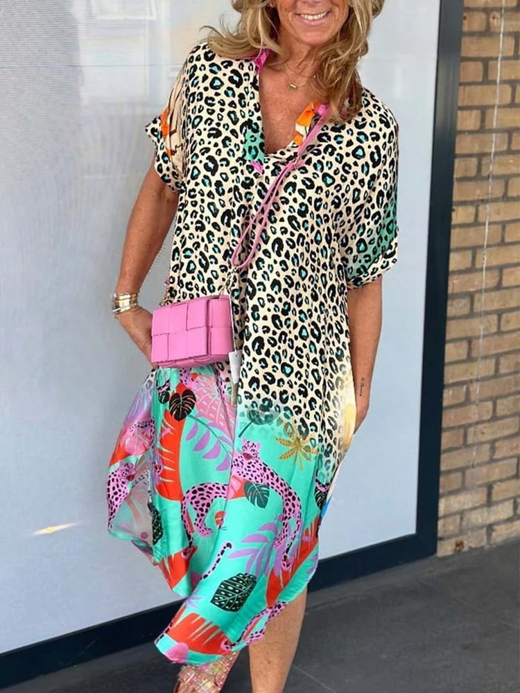 Boho Women Casual V Neck Short Sleeve Long Dress Summer Leopard Printed ...