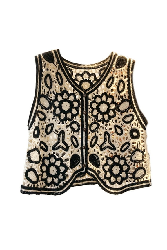 Boho Women Crochet Knit Vest Waistcoat Floral Pattern Sleeveless V-Neck Cardigan
