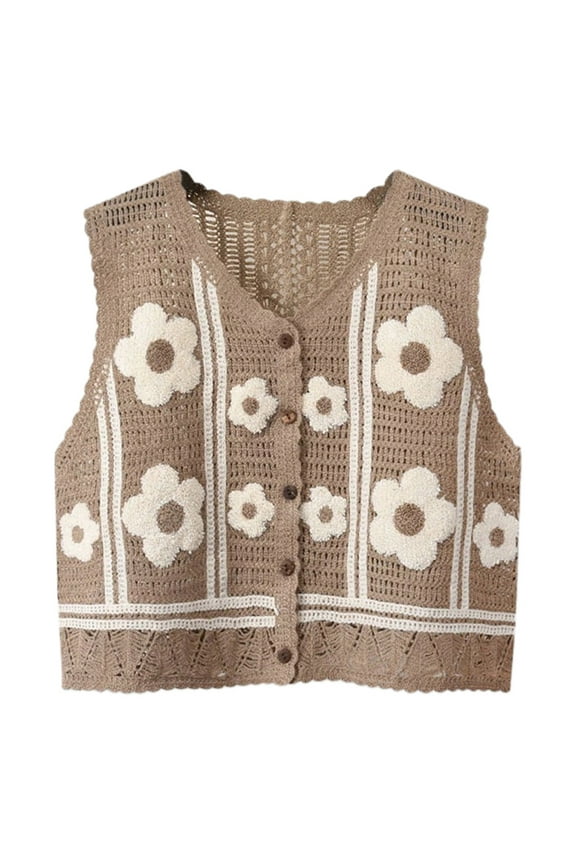 Boho Women Crochet Knit Vest Waistcoat Vintage Colorful Floral Pattern Sleeveless Cardigan for Jacket Hippie V-Neck Crop