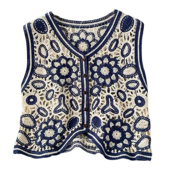 Boho Women Crochet Knit Vest Waistcoat Vintage Colorful Floral Pattern Sleeveless Cardigan for Jacket Hippie V-Neck Crop