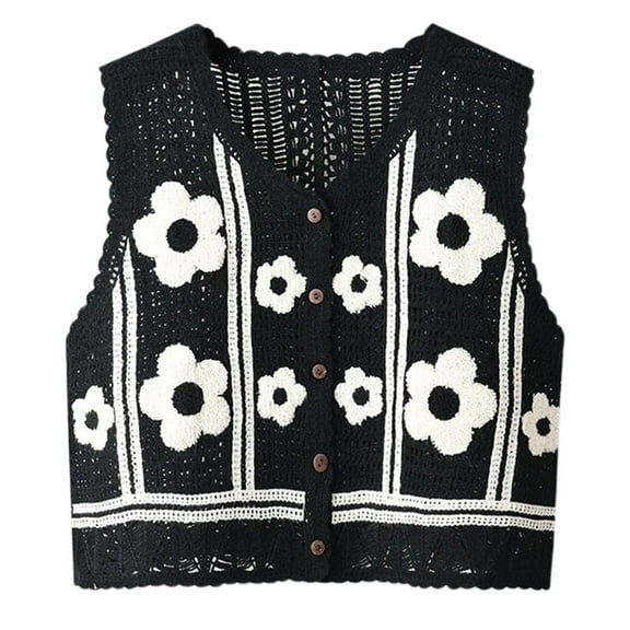 Boho Women Crochet Knit Vest Waistcoat Vintage Colorful Floral Pattern Sleeveless Cardigan for Jacket Hippie V-Neck Crop