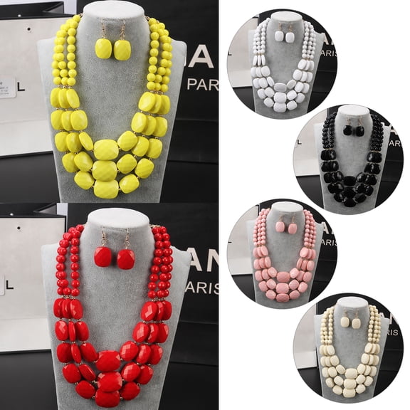 Boho Women Multilayer Wood Beaded Statement Bib Necklace Chunky Choker & Earring Set, PAKASEPT Novelty Jewelry Handmade (Red)