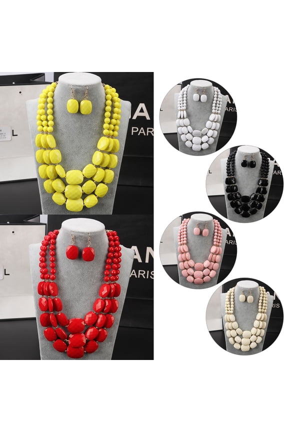 Boho Women Multilayer Wood Beaded Statement Bib Necklace Chunky Choker & Earring Set, PAKASEPT Novelty Jewelry Handmade (Red)