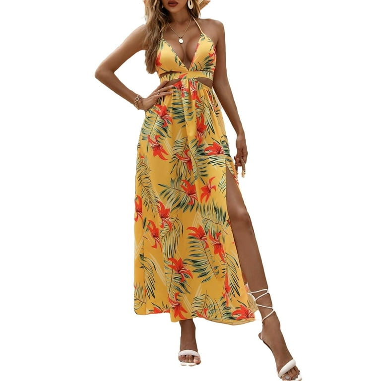 Women Boho Floral Print Backless V Neck Maxi Dress Women Boho Floral Print Backless V Neck Maxi Dress