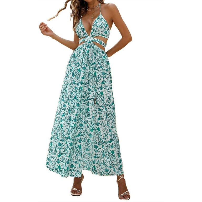 Women Boho Floral Print Backless V Neck Maxi Dress Women Boho Floral Print Backless V Neck Maxi Dress