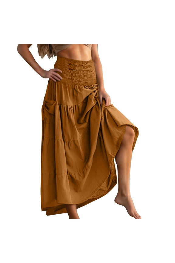 Boho Women's Long Skirts Summer Elastic High Waisted Casual Full Skirts Dresses with Pockets for Women Beach Fashion Orange M