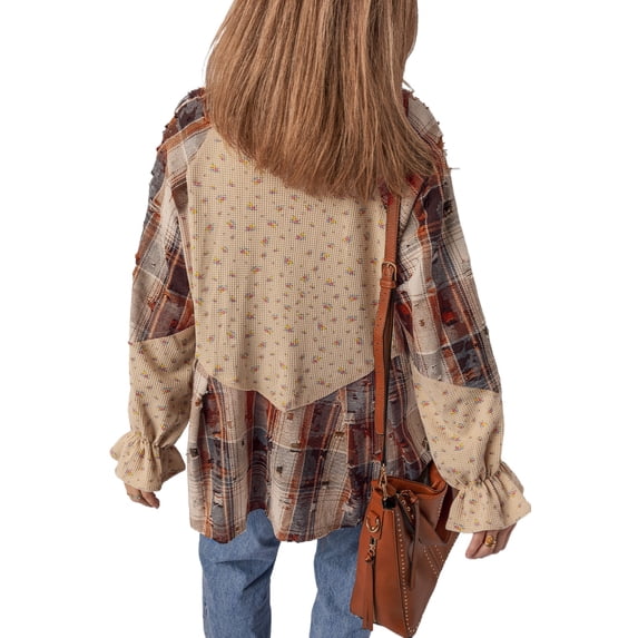 Boho Women's Patchwork Plaid Shacket in Ashleigh Blue – Distressed Waffle Knit with Long Ruffled Sleeves for Fall Outings | M