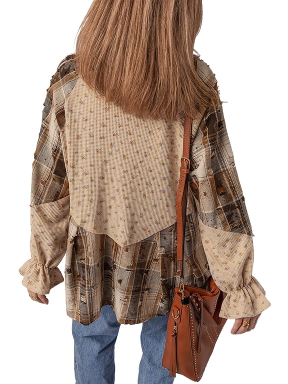 Boho Women's Waffle Knit Shacket in Oatmeal – Floral Plaid Ruffled Sleeve Jacket for Autumn Outings | M