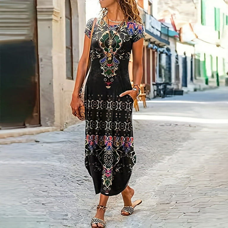 Boho Womens Floral Printed Short Sleeve Sundress Ladies Slim Fit Maxi Long Dress Walmart