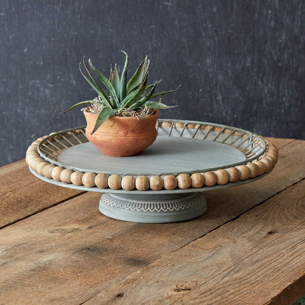 Boho Green and Brown Wood Pedestal Cake Stand