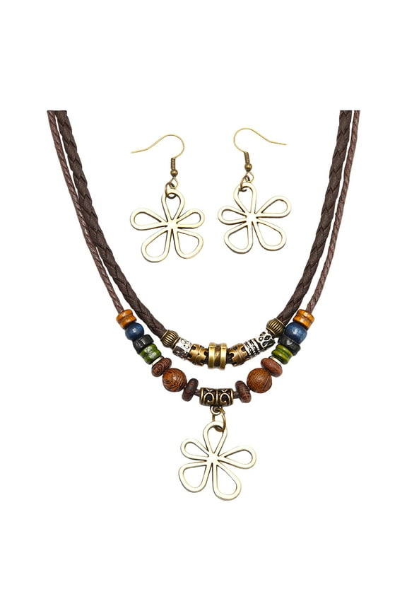 Boho Wood Bead Necklace for Women - Colorful Layered Tribal Statement Jewelry with Gold Flower Pendant & Adjustable Braided Rope - Vintage Ethnic Style Choker Necklace