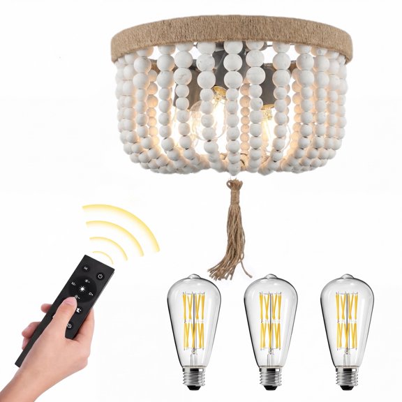 Novaretro Boho Wood Beaded Flush Mount Ceiling Light with Remote Control, Dimmable Hemp Rope Chandelier, Boho Ceiling Lamp for Bedroom Hallway Living Room (Bulb Included)