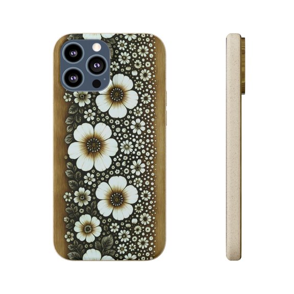 Boho Wood Carving Look Floral Phone Case for iPhone 13 Pro Max – Rustic Nature Design – Unique Boho Art – Botanical Pattern