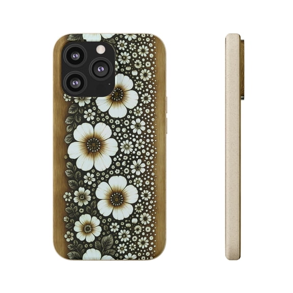 Eco-Friendly Boho Wood Carved Floral Phone Case for iPhone 13 Pro – Rustic Nature Design – Unique Boho Art – Botanical Pattern, Biodegradable Phone Case