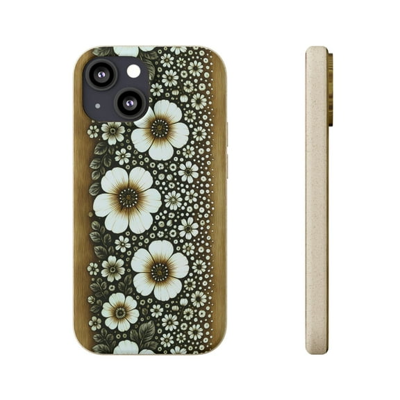 Eco-Friendly Boho Wood Carved Floral Phone Case for iPhone 13 Mini – Rustic Nature Design – Unique Boho Art – Botanical Pattern, Biodegradable Phone Case