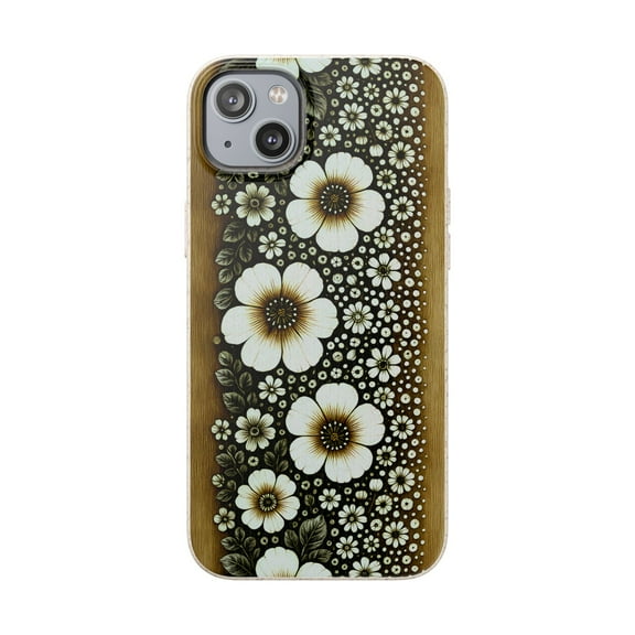 Eco-Friendly Boho Wood Carved Floral Phone Case for iPhone 14 Plus – Rustic Nature Design – Unique Boho Art – Botanical Pattern, Biodegradable Phone Case