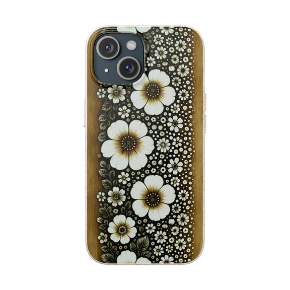 Eco-Friendly Boho Wood Carved Floral Phone Case for iPhone 15 – Rustic Nature Design – Unique Boho Art – Botanical Pattern, Biodegradable Phone Case