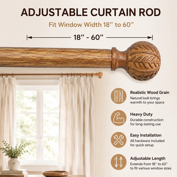 Boho Wood Curtain Rods 28-48 inch Adjustable Heavy Duty Window Curtain Rods with Rustic Wood Grain Finials Drapery Rod Set 18-60" Natural Wood