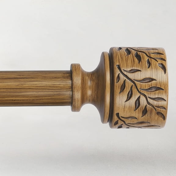 Wood Curtain Rods for Windows 48 to 84 Inch, 1" Adjustable Heavy Duty Curtain Rod with Imitation Wooden Grain Leaf Pattern Finials, Rustic Decorative Drapery Rods, Size 32"-90", Dark Wood