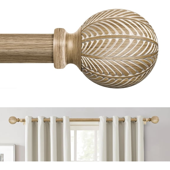 Boho Wood Curtain Rods for Windows 48 to 84 Inch, 1" Adjustable Rustic Curtain Rod with Imitation Wood Grain Finials, Decorative Heavy Duty Drapery Rods for Farmhouse, 36-88'', Weathered Wood