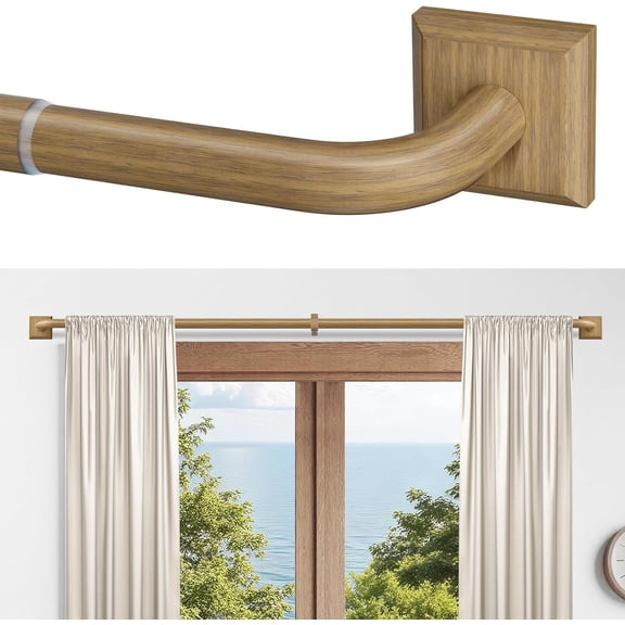 Boho Wood Grain Curtain Rods for Windows 66-184 Inch(5.5-15.3ft) Heavy Duty Wrap Around Blackout Curtain Rods, Adjustable Room Darkening Drapery Rod for Bedroom, Living Room & Outdoor