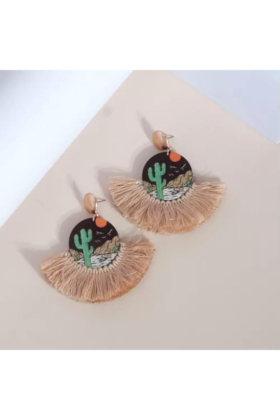 Boho Wood Print Cactus Round Geometric Cotton Tassel Macrame Statement Earrings