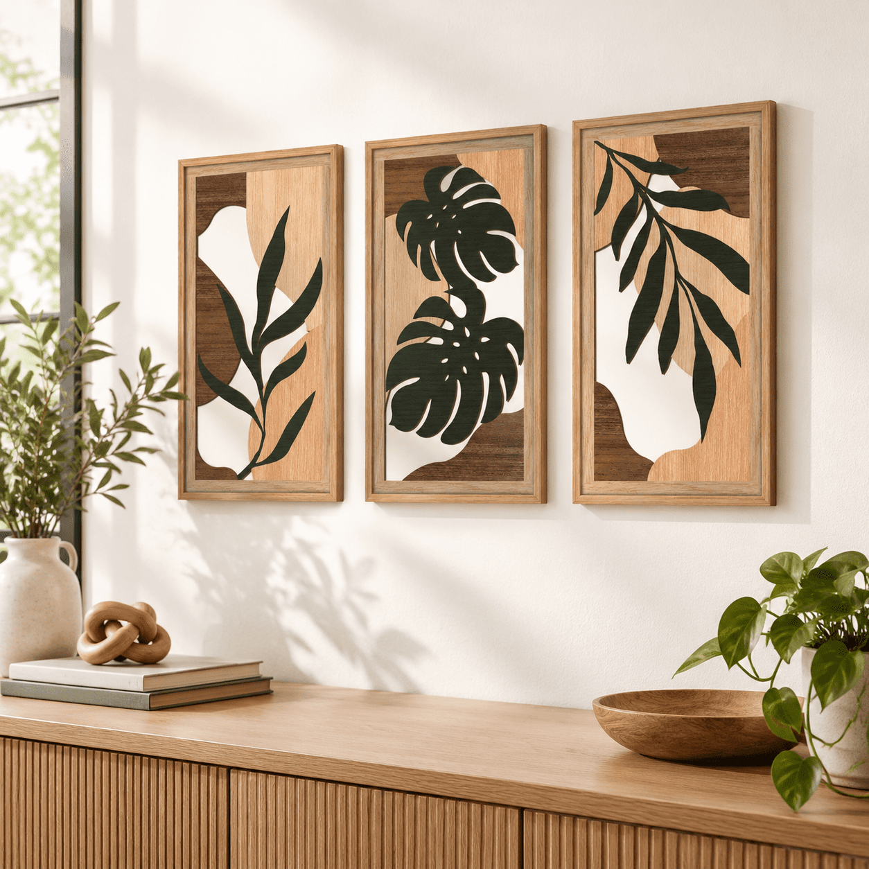 Framed Abstract Boho Wood Tropical Framed Wall Art, Abstract Leaves, 12