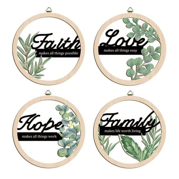 Boho Wood Wall Art Green Botanical Wall Decor Nature Leaf Cutout Wall Sculpture Faith Love Hope Family Wooden Wall Sign Set of 4 for Living Room Bedroom Office 10X9 In