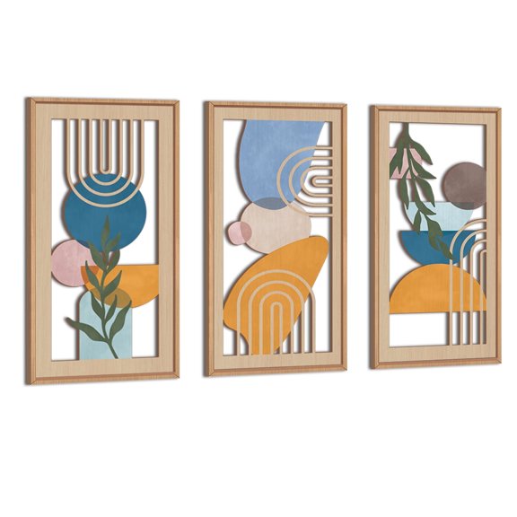 TOARTi Boho Wood Wall Art Mid Century Modern Framed Minimalist Colorful Geometric Cut Out Set of 3 For Living Room Bedroom Office 8x16 Inch