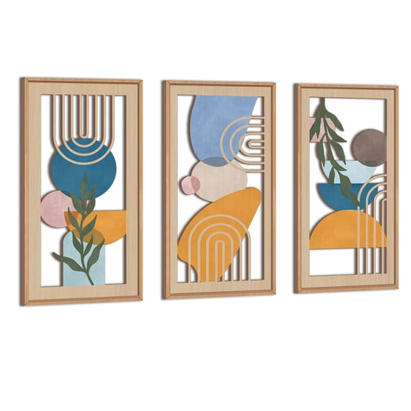 Boho Wood Wall Art Mid Century Modern Wall Decor Framed Minimalist Wall Sculpture Colorful Geometric Cut Out Artwork Set of 3 For Living Room Bedroom Office 8X16 In