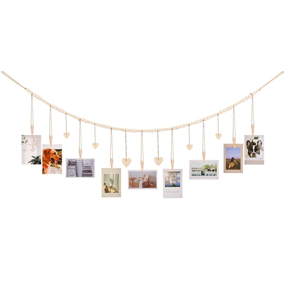 Boho Wooden Bead Garland Photo Display, Hanging Picture Frame with 9 Clips and 6 Heart Tags, Wall Collage Decor for Nursery and Dorm, 55 inch