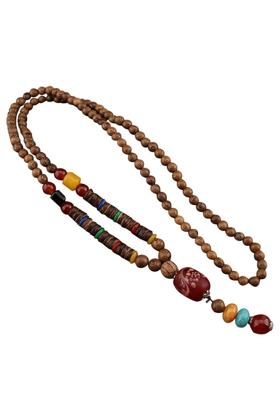 Boho Wooden Beaded Necklaces Vintage Ethnic Handmade Nepal Mala Meditation Prayer Sweater Necklace with Long Necklace Jewelry