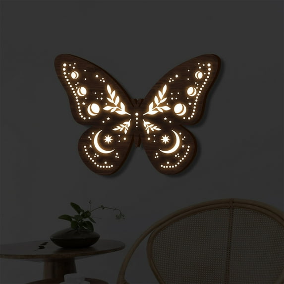 Boho Wooden Butterfly LED Lamp Wall Hanging Decor Sign, Wood Carving LED Night Light Wall Sculptures, 3D Home Wall Art Decoration for Bedroom Living Room