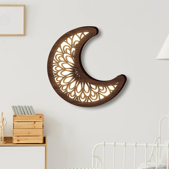 Boho Wooden Moon LED Lamp Wall Hanging Decor Sign, Wood Carving LED Night Light Wall Sculptures, 3D Home Wall Art Decoration for Bedroom Living Room
