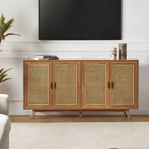 Boho Wooden Rattan Sideboard TV Stand 4 Doors Storage Cabinet Credenzas Table TVs up to 65" Buffet Home Living Room Kitchen Walnut