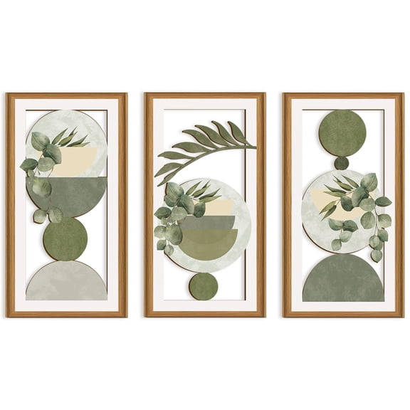 Boho Wooden Wall Art Sage Green Wall Decor Framed Minimalist Botanical Wall Sculpture Bohemian Plant Wood Cut out Wall Artwork Set of 3 for Living Room Bedroom Office 8X16 In