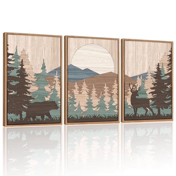 Boho Woodland Animal Canvas Wall Art Wild Animals Wall Decor Watercolor Nature Landscape Mountain Framed Artwork Set of 3 for Nursery Baby Room Bedroom 16”X24”