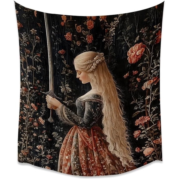 Boho Woodland Floral Wall Art Tapestry Vintage Medieval Sword Maiden Aesthetic Tapestries Fantasy Gothic Feminism Wall Hanging for Living Room Dorm Gallery Wall Decor white30x40inch