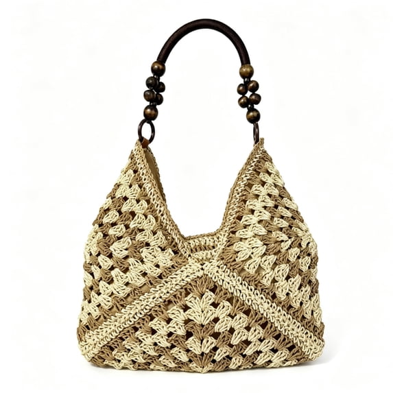 Boho Woven Crochet Bag, Summer Beach Tote, Lightweight Portable Shoulder Purse, Fashion Casual Handle Bag for Travel Vacation Daily Outdoor Shopping(Beige * Brown)