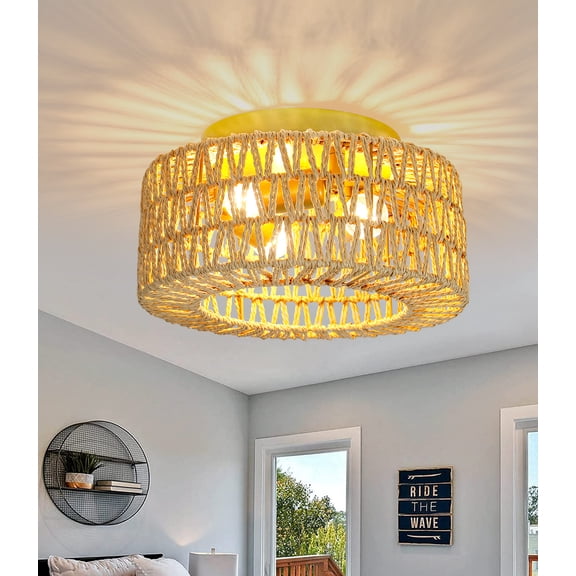 Boho Woven Gold Rattan Flush Mount Ceiling Light, 3-Light Farmhouse Ceiling Fixture for Bedroom Hallway