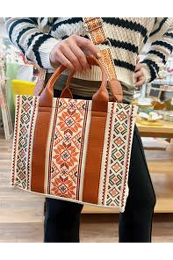 Boho Woven Handbag Orange & White Canvas Tote Purse